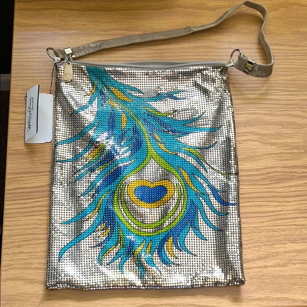 Vintage NEW with tags Whiting & Davis Mesh Peacock Feather Shoulder Bag - Picture 1 of 9